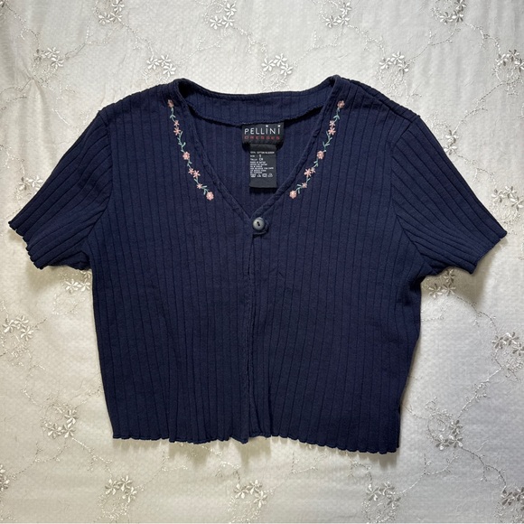 Vintage Tops - vintage y2k navy blue embroidered bolero mini cardigan – size small